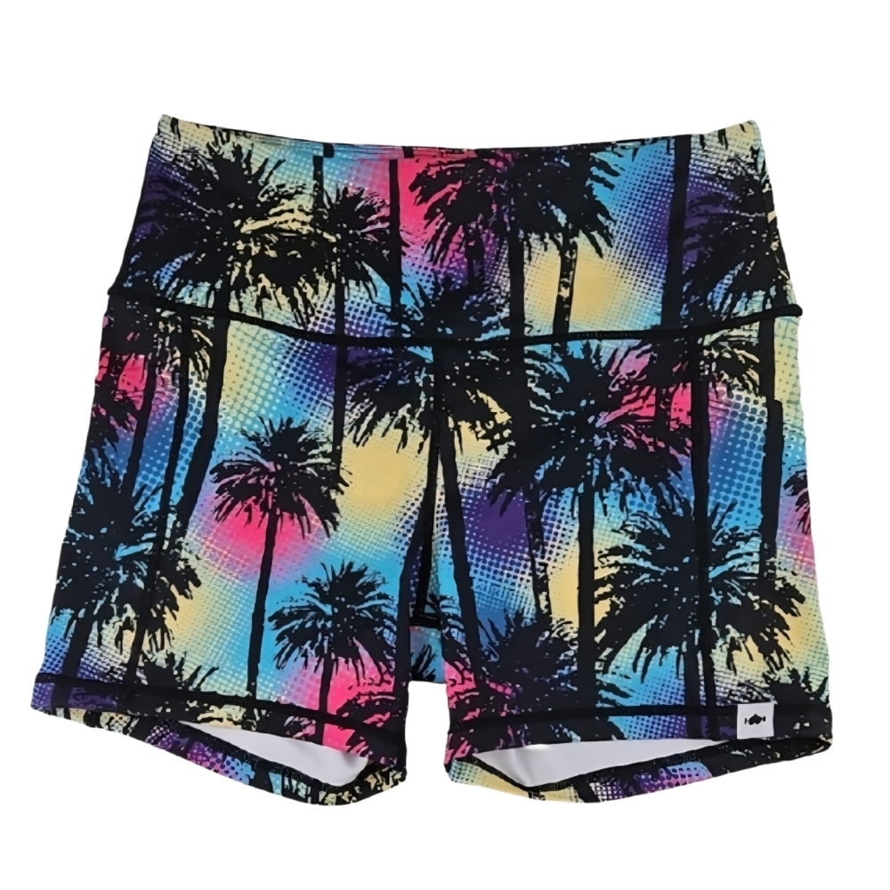 80's Style Biker Yoga Shorts California Palm Print Pink Black Blue Multicolor